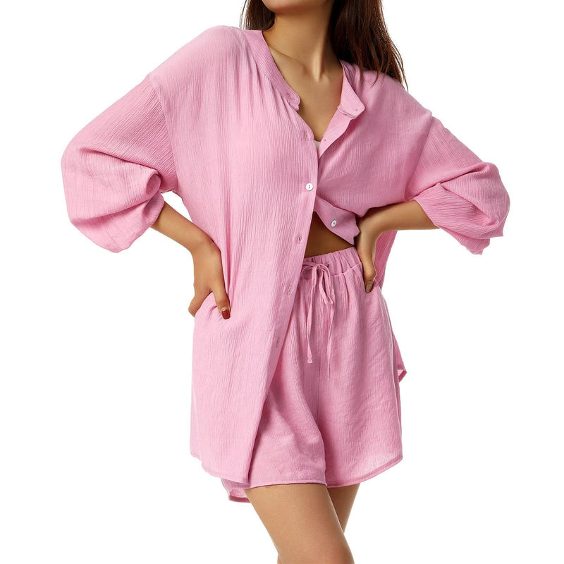 Camisa de linho de algodão shorts sólido 2 peça conjunto feminino casual  quente rosa manga curta camisas femininas verão casual roupas esportivas  2023 - AliExpress